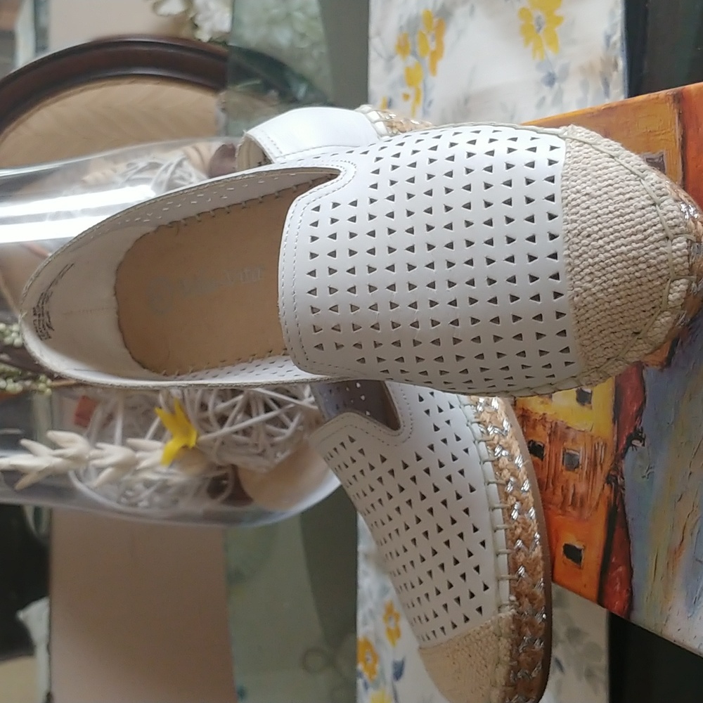 Never Worn - Genuine Leather, White, Tan, Silver Espadrille low wedges